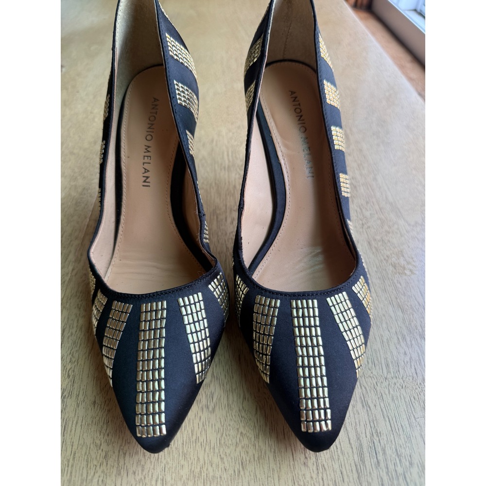 Antonio Melani Womens Black Satin Gold Studded Pointed Toe Stiletto Pumps  6.5